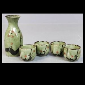 Japanese 5oz Ceramic Matcha Cherry Blossom Sake Set Flask Carafe With Four Cups